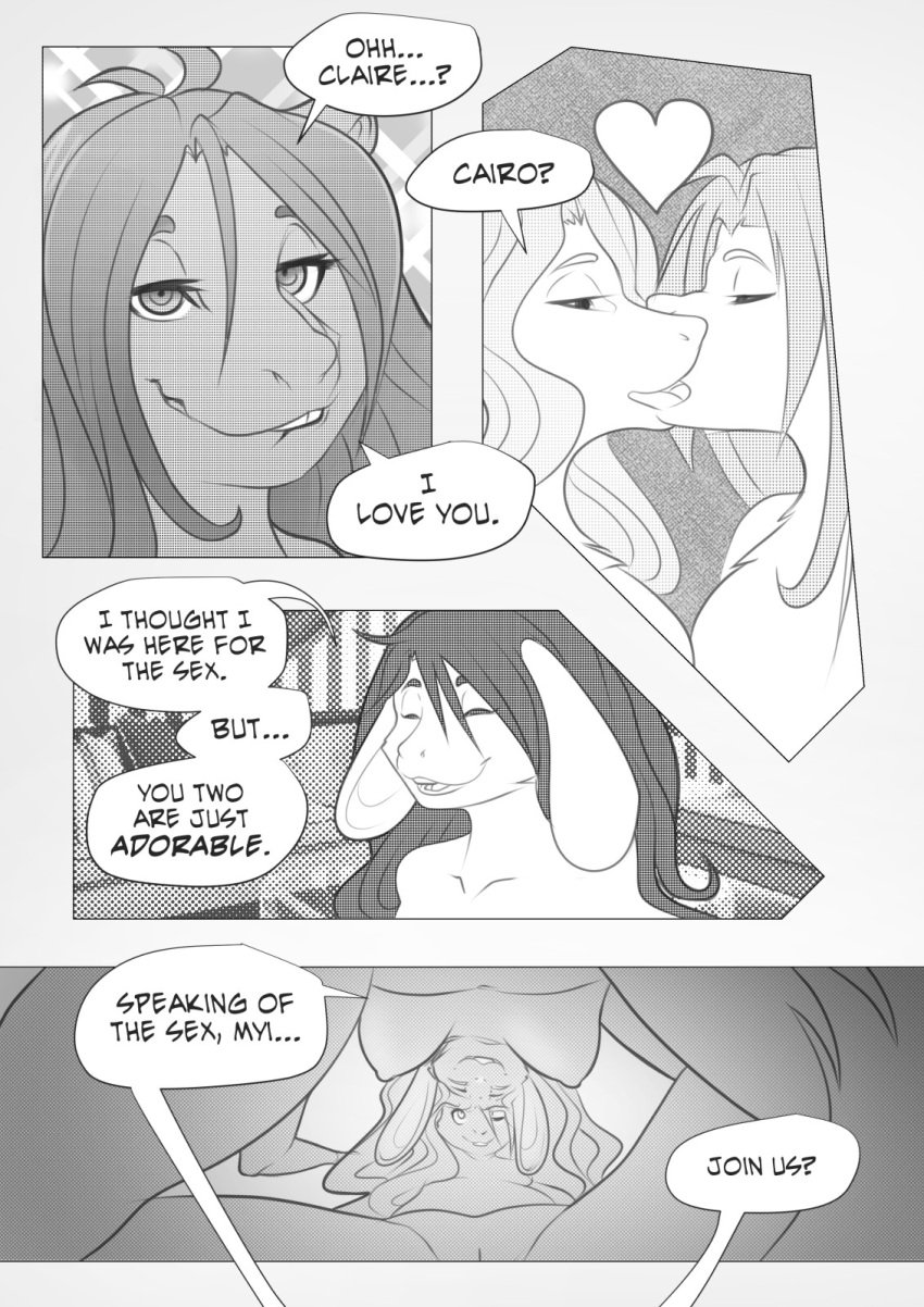 2015 anthro bedroom_eyes bite biting_lip biting_own_lip breasts cairo_(armoredkangaroo) comic corablue dialogue female female/female genitals group hair hi_res inviting kissing lagomorph leporid long_hair looking_pleasured mammal monochrome narrowed_eyes nipples nude pussy rabbit rodent sciurid seductive self_bite