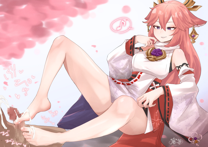 1boy animal_ears bangs bare_shoulders barefoot blue_sky blush breasts censored cum cum_on_feet cum_on_foot cumdrip detached_sleeves ejaculation erection feet female footjob fox_ears genshin_impact grin hair_ornament highres japanese_clothes jewelry kimono large_breasts long_hair mosaic_censoring necklace obi pendant penis pink_hair purple_eyes pussy samuimo21 sash sidelocks sky sleeveless sleeveless_kimono smile straight thighs toes two-footed_footjob very_long_hair white_kimono wide_sleeves yae_miko