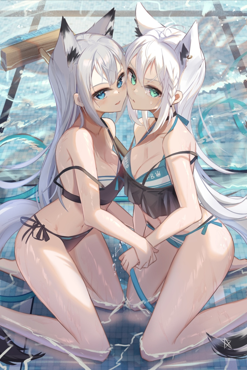 2girls azur_lane bikini black_hair blue_eyes broom green_eyes holding_hands hololive hololive_gamers hololive_gen_1 hololive_japan kawakaze_(azur_lane) multiple_girls pool shirakami_fubuki virtual_youtuber white_hair yuri