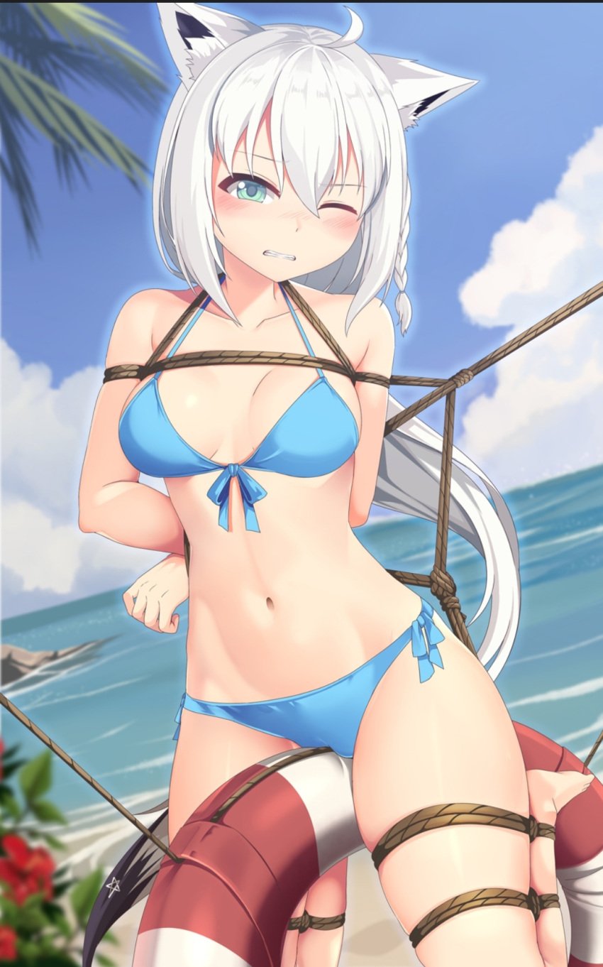 beach bikini black_hair blue_bikini blue_eyes blush bondage cloud hololive hololive_gamers hololive_gen_1 hololive_japan lifesaver one_eye_closed shirakami_fubuki tail tied_up virtual_youtuber water white_hair