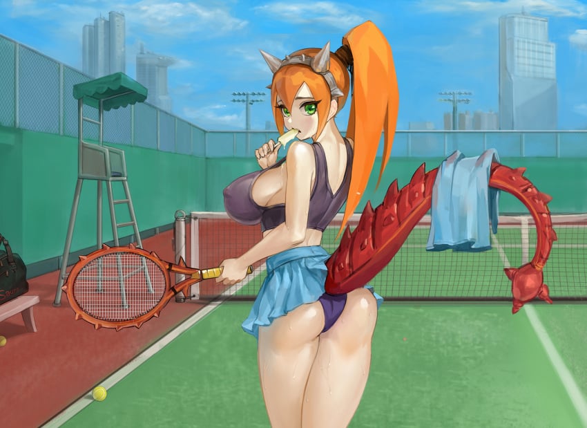 1girls ass black_panties breasts chronodash city covered_nipples dinosaur_girl dinosaur_tail female green_eyes hairband highres ice_cream impossible_clothes impossible_shirt large_breasts long_hair looking_at_viewer looking_back miniskirt orange_hair original outdoors panties ponytail popsicle sideboob skirt solo spiked_hairband spikes sweat tail tank_top tennis_court tennis_racket underwear