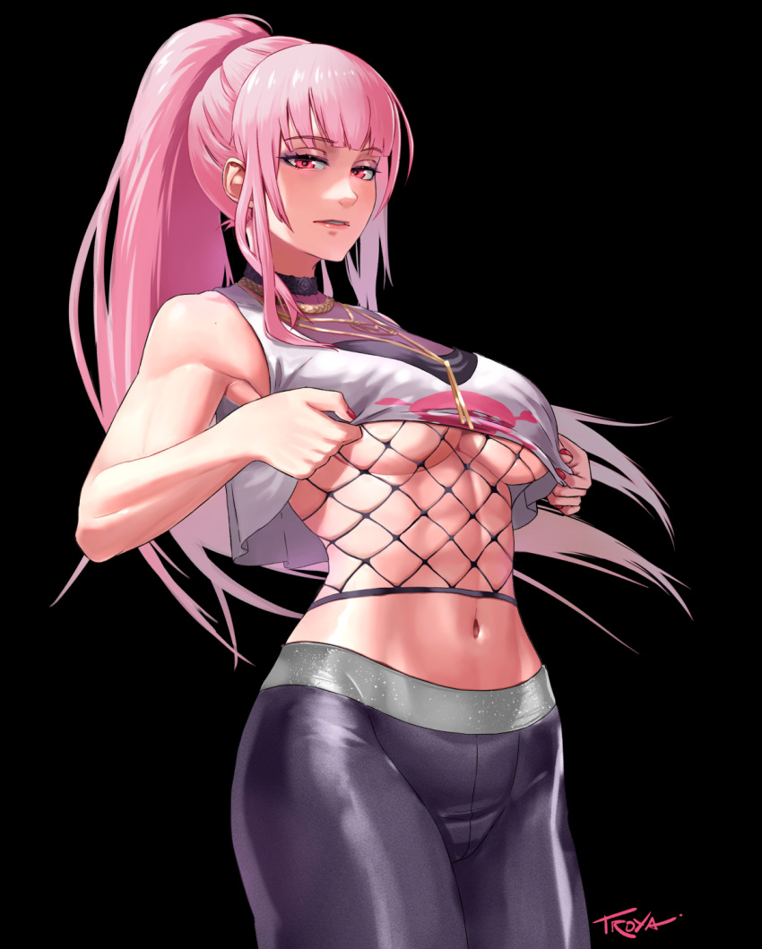 1girls abs clothes_lift fishnets hololive hololive_english hololive_myth kikino77 looking_at_viewer midriff mori_calliope no_bra pink_hair ponytail red_eyes simple_background skindentation solo solo_female toned_female underboob virtual_youtuber yoga_pants