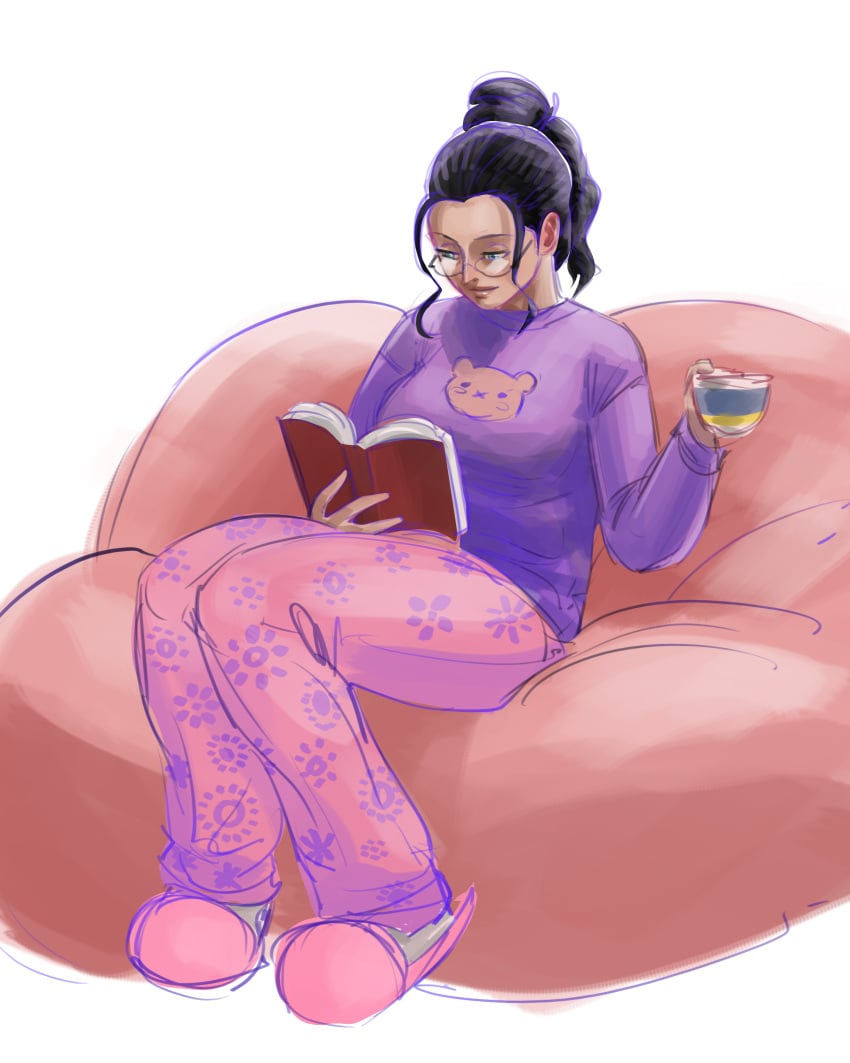 aliasartwork blue_eyes book coffee_mug comfy female female_only glasses hair_bun nico_robin no_sex one_piece slippers sweater sweatpants