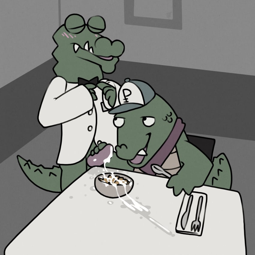 absurd_res alligator alligatorid anthro argon_vile blush bodily_fluids bow_tie bub_(later_alligator) closed_eyes clothing crocodilian cum cum_on_food duo food genital_fluids genitals handjob hat headgear headwear hi_res later_alligator male male/male pat_(later_alligator) penile penis reptile scalie serving_cum sex