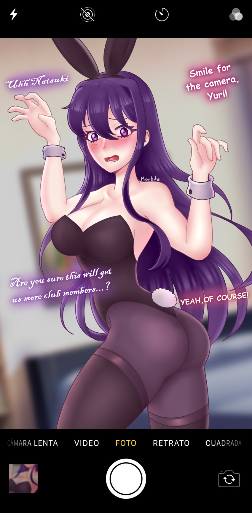 big_breasts blush bunny_costume bunny_ears bunny_girl bunnysuit camera dialogue doki_doki_literature_club morbite pantyhose purple_eyes purple_hair seductive shy thick_thighs thighs yuri yuri_(doki_doki_literature_club)