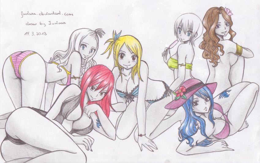 2013 6+girls 6girls artist_name bikini cana_alberona cleavage colored dated erza_scarlet fairy_tail group juvia_lockser juviaaa lisanna_strauss lucy_heartfilia mirajane_strauss sketch topless_female