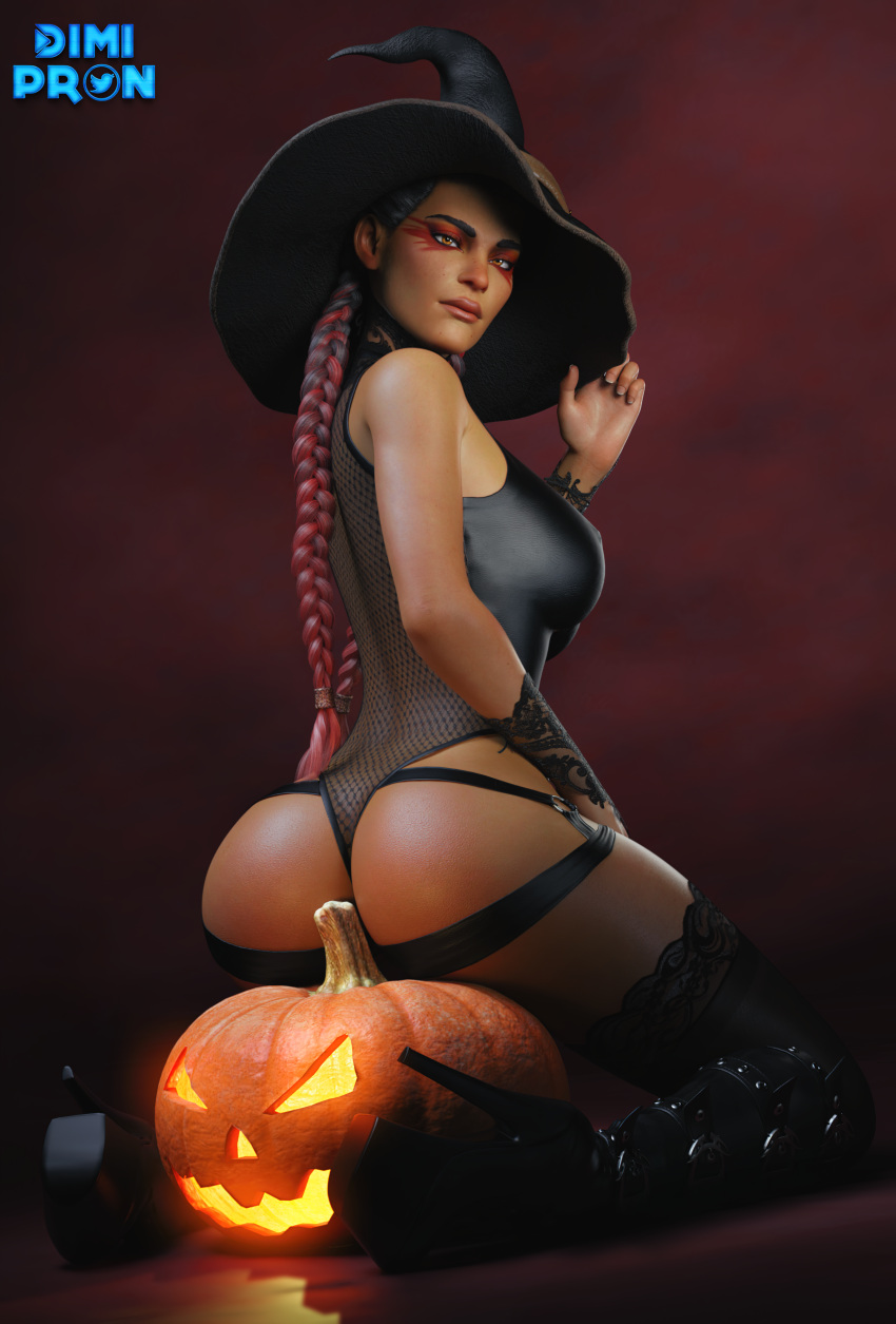 1girls 3d apex_legends ass ass_focus black_hair blender booty_shorts clothed clothing costume daz3d daz_studio dimipron female goth halloween hi_res loba_(apex_legends) looking_at_viewer magic orange_eyes seductive solo tagme tan-skinned_female teasing witch