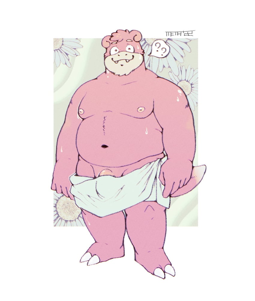 2022 ? anthro anthrofied belly big_belly genitals hi_res humanoid_genitalia humanoid_hands humanoid_penis male male_only metasighty moobs navel nintendo nipples overweight overweight_male penis pink_body pokemon slowpoke solo towel video_games