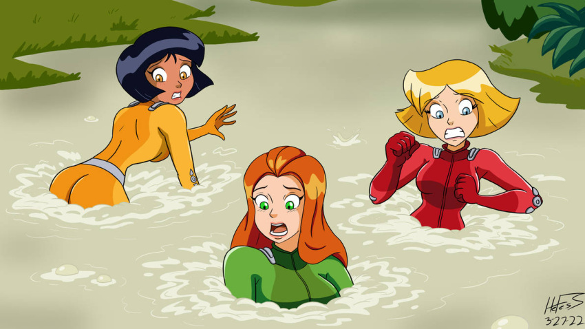 3girls alex_(totally_spies) ass black_hair blonde_hair blue_eyes bodysuit breasts brown_eyes clover_(totally_spies) dark_skin female female_only green_eyes group hefess human orange_hair outdoors pale_skin peril quicksand red_hair redraw sam_(totally_spies) sinking totally_spies