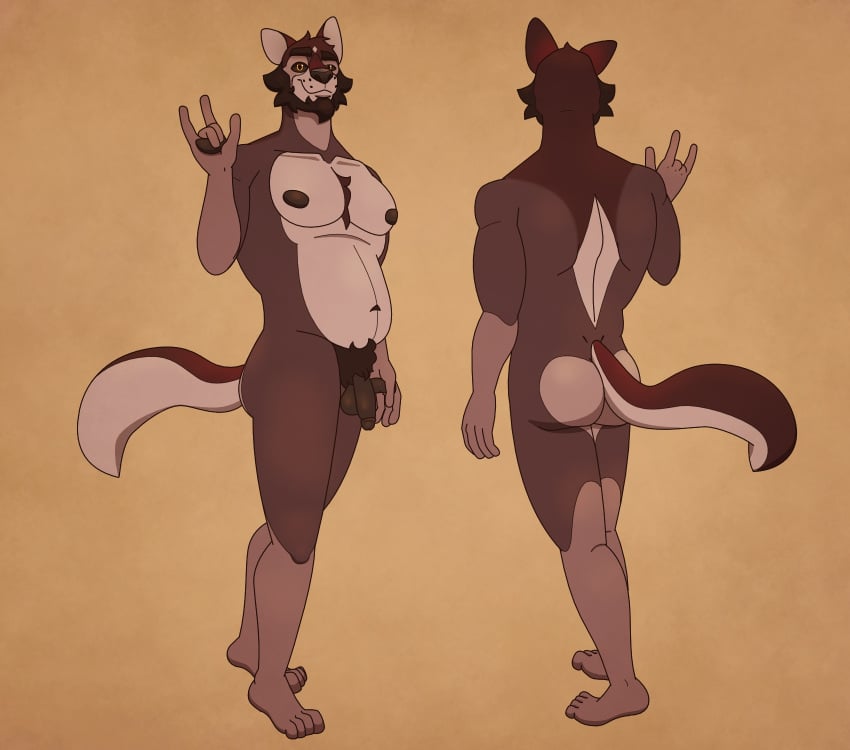 anthro ass butt_heart canid canine canis chest_tuft facial_hair genitals hand_sign head_tilt hi_res humanoid_genitalia humanoid_penis looking_at_viewer male mammal model_sheet nipples olive_(olivepup_00) olivepup_00 penis pubes slightly_chubby smile solo tuft wolf