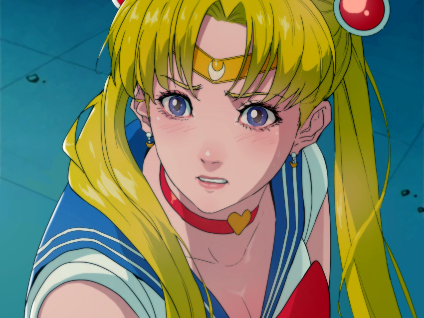 1girls 2d bishoujo_senshi_sailor_moon blonde blonde_hair blue_eyes blush breasts cirenk cleavage clothing earrings female female_only jewelry light-skinned light-skinned_female light_skin meme sailor_moon sailor_moon_redraw_challenge screencap_redraw solo usagi_tsukino yellow_hair