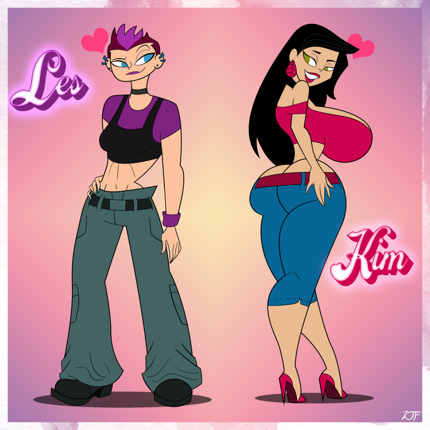 2girls big_ass big_breasts black_hair choker dat_ass earrings female female_only full_body fully_clothed green_eyes habbo high_heels hourglass_figure kim_(habbo) large_breasts les_(habbo) lipstick long_hair original_character pants rustysh4ckl3ford thick_ass thick_thighs topwear total_drama_(series) total_drama_island unknown_character