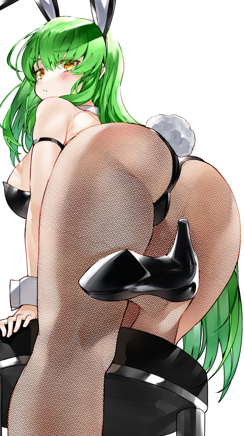 1girls :t animal_ears arm_strap ass bangs black_leotard blush breasts c.c. chair code_geass detached_collar eyebrows_visible_through_hair fake_animal_ears fake_tail fishnet_legwear fishnets green_hair high_heels kou_mashiro large_breasts legs_folded leotard long_hair looking_at_viewer pantyhose playboy_bunny pout rabbit_ears rabbit_tail simple_background solo strapless tail wrist_cuffs yellow_eyes