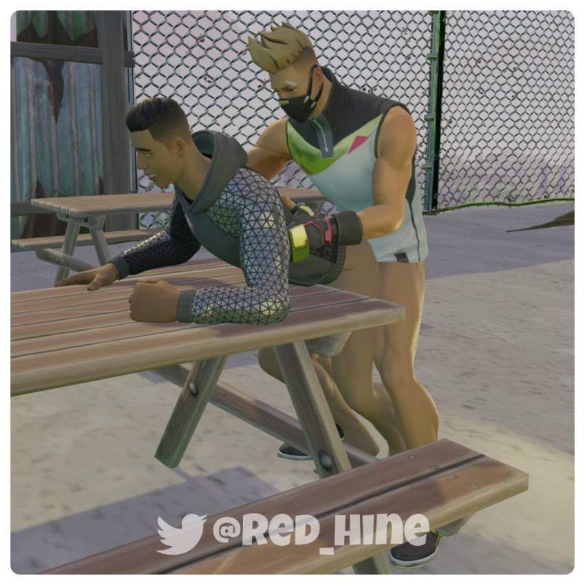 2boys anal anal_sex back back_view black_hair bottomless cum cum_in_ass doggy_style domination drift_(fortnite) fortnite gay gay_sex human legs male male/male male_only male_penetrating_male nba nba_75_dunk_(fortnite) penetration red_hine skate_park table