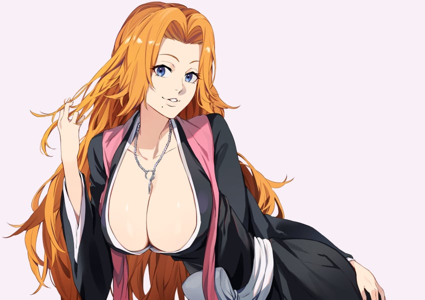 1girls beauty_mark big_breasts black_kimono bleach blue_eyes breasts brown_hair busty chain_necklace chains cleavage collarbone female female female_only grey_background hair_intakes hair_twirling highres ibaraki_shun japanese_clothes kimono large_breasts light-skinned_female light_skin long_hair looking_at_viewer matsumoto_rangiku mole mole_under_mouth necklace neckwear no_bra parted_lips pendant playing_with_hair scarf shiny shiny_hair simple_background solo solo_focus touching_hair very_long_hair voluptuous wide_sleeves