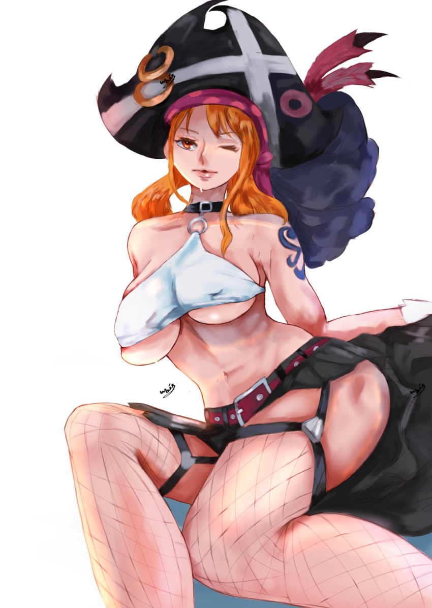 1girls ass belt big_breasts breasts brown_eyes cleavage crop_top curvy feathers female female_only fishnet_stockings garter_belt garter_straps hat long_hair nami_(one_piece) one_piece one_piece_film_red orange_hair pirate pirate_hat plumage qaismelon shoulder_tattoo sitting skirt solo tattoo thick_thighs tricorne underboob voluptuous white_background wink