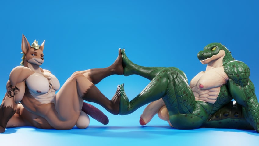 2022 3d_(artwork) abs anthro balls baxter_(ray_raider) big_balls big_muscles big_penis blue_background connivingrat crocodile crocodilian crocodylid digital_media_(artwork) duo erection eyebrows feet feet_together foot_fetish fur genitals hair helm_(connivingrat) hi_res humanoid_feet humanoid_genitalia humanoid_penis looking_at_viewer male male_only mammal muscular muscular_anthro muscular_male nipples non-mammal_balls non-mammal_nipples nude obliques pecs penis plantigrade reptile rodent scales scalie sciurid simple_background sitting smile tattoo tuft