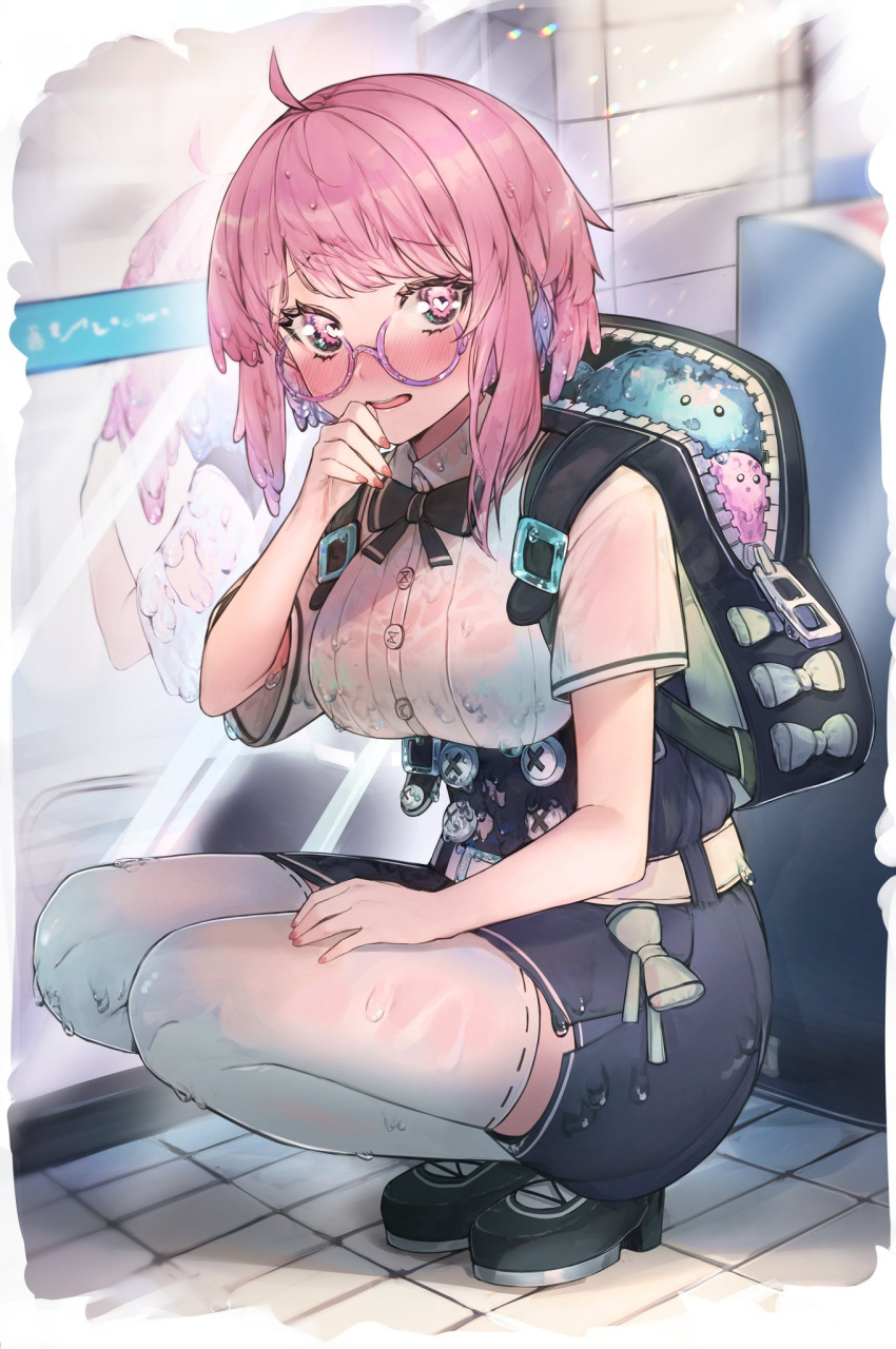 absurd_res backpack bow buttons dripping eyebrows_visible_through_hair female female_focus glass glasses hand_on_thigh hand_to_own_mouth hiiragi_mikoto looking_at_viewer matching_hair/eyes mirror open_mouth pink_eyes pink_hair sae_(vtuber) slime slime_clothing slime_girl slime_hair solo_female squatting straps virtual_youtuber zipper