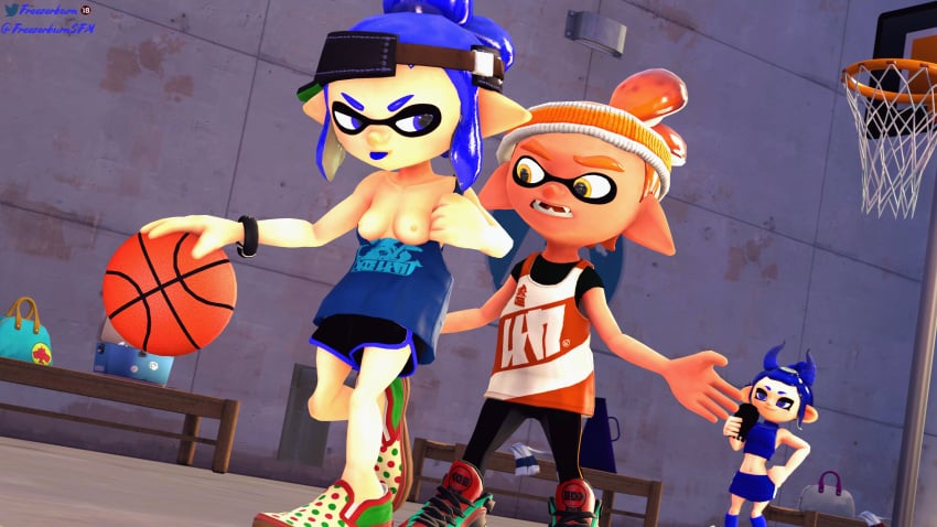 3d basketball basketball_hoop blonde_hair blue_eyes cheerleader clothing confused convex_(freezerburn) dev_(freezerburn) exposed_breasts eyebrows freezerburnsfm inkling inkling_boy inkling_girl nintendo nipples octoling octoling_girl orange_hair phone questioning revealing sfm shoes smirk source_filmmaker splatoon splatoon_2 sport streetwear tank_top teasing tongue_out yellow_eyes