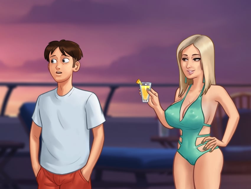 1boy 1girls 2d aqua_one-piece_swimsuit biting_lip biting_own_lip blonde_hair breasts brown_hair cameltoe cleavage cleavage_cutout clothed clothing covered_navel darkcookie digital_drawing_(artwork) digital_media_(artwork) drink duo female holding holding_drink horny horny_female iwanka_(summertime_saga) light-skinned_female light-skinned_male light_skin long_hair looking_at_partner main_character_(summertime_saga) male male/female medium_breasts one-piece_swimsuit orange_shorts outfit pussy_lips pussy_peek shirt short_hair shorts smile smiling smirk standing summertime_saga swimsuit swimwear teenage_girl teenager turned_around white_shirt yacht