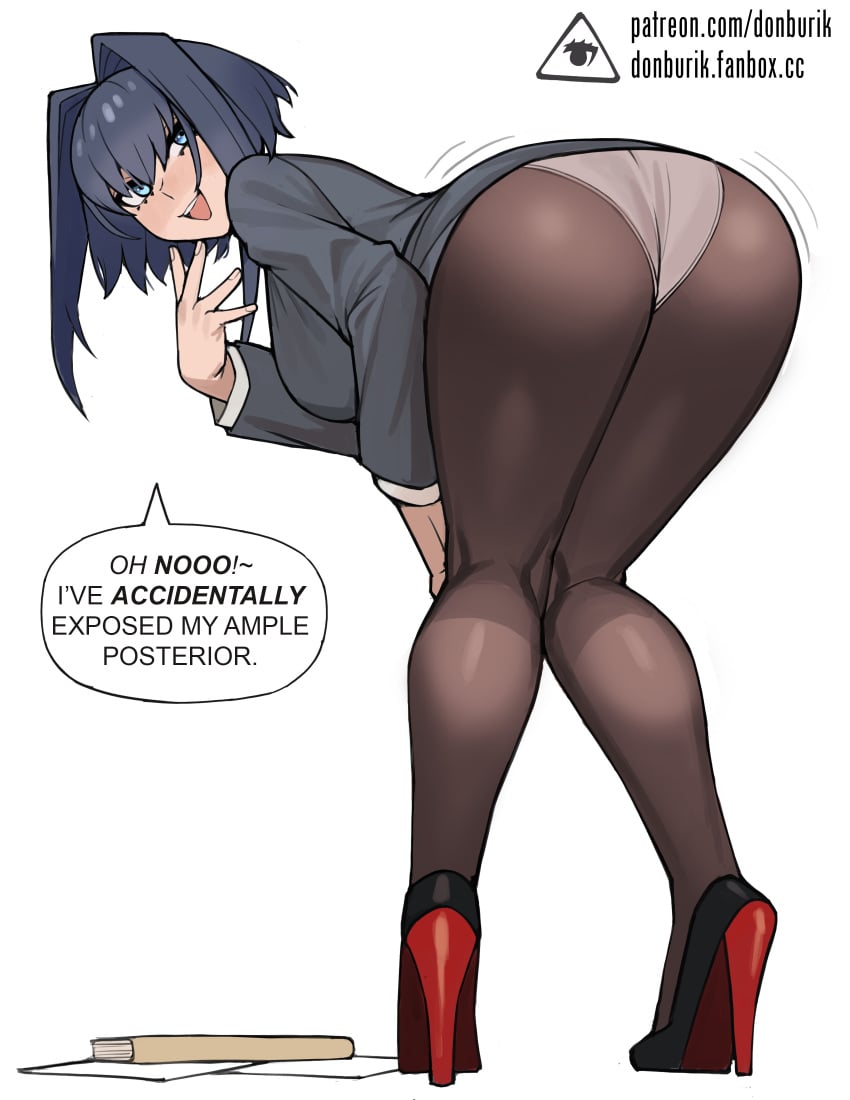 1girls ass ass_focus bending_over bent_over big_ass big_breasts black_pantyhose blue_eyes blue_hair breasts clothed donburikazoku english_text female hair_intakes heels high_heels highres hololive hololive_english hololive_english_-council- hololive_english_-promise- looking_at_viewer looking_back office_lady ouro_kronii panties panties_under_pantyhose pantyhose pantyshot picking_up short_hair simple_background solo standing text thick_ass thick_thighs underwear upskirt very_high_heels virtual_youtuber wedgie white_background white_panties