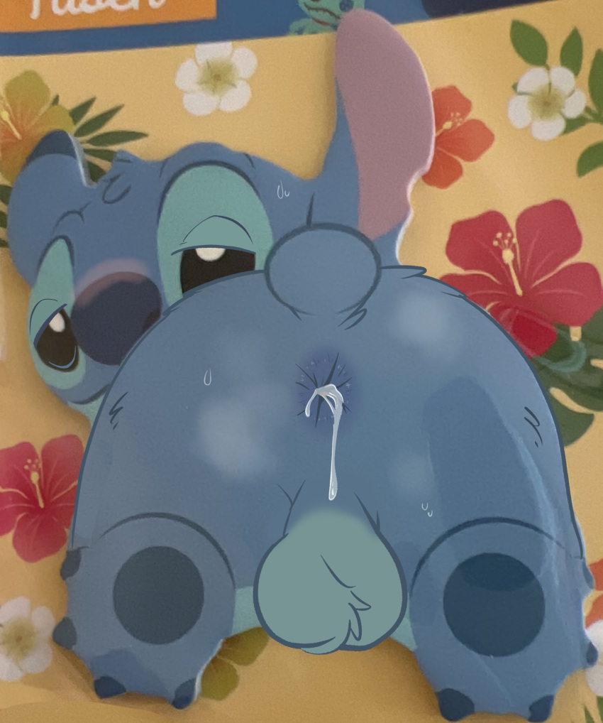 after_sex alien anal anthro anus backsack balls blush bodily_fluids cum cum_in_ass cum_inside disney experiment_(lilo_and_stitch) genital_fluids genitals hi_res lilo_and_stitch looking_back male male_only perineum photo_edit stitch sweat tbid