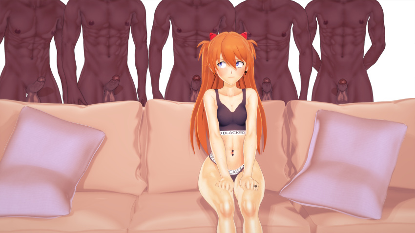 3d asuka_langley_sohryu blacked blacked_clothing blush bra dark-skinned_male dark_skin imminent_sex interracial navel_piercing neon_genesis_evangelion panties pawgsuka piper_perri_surrounded