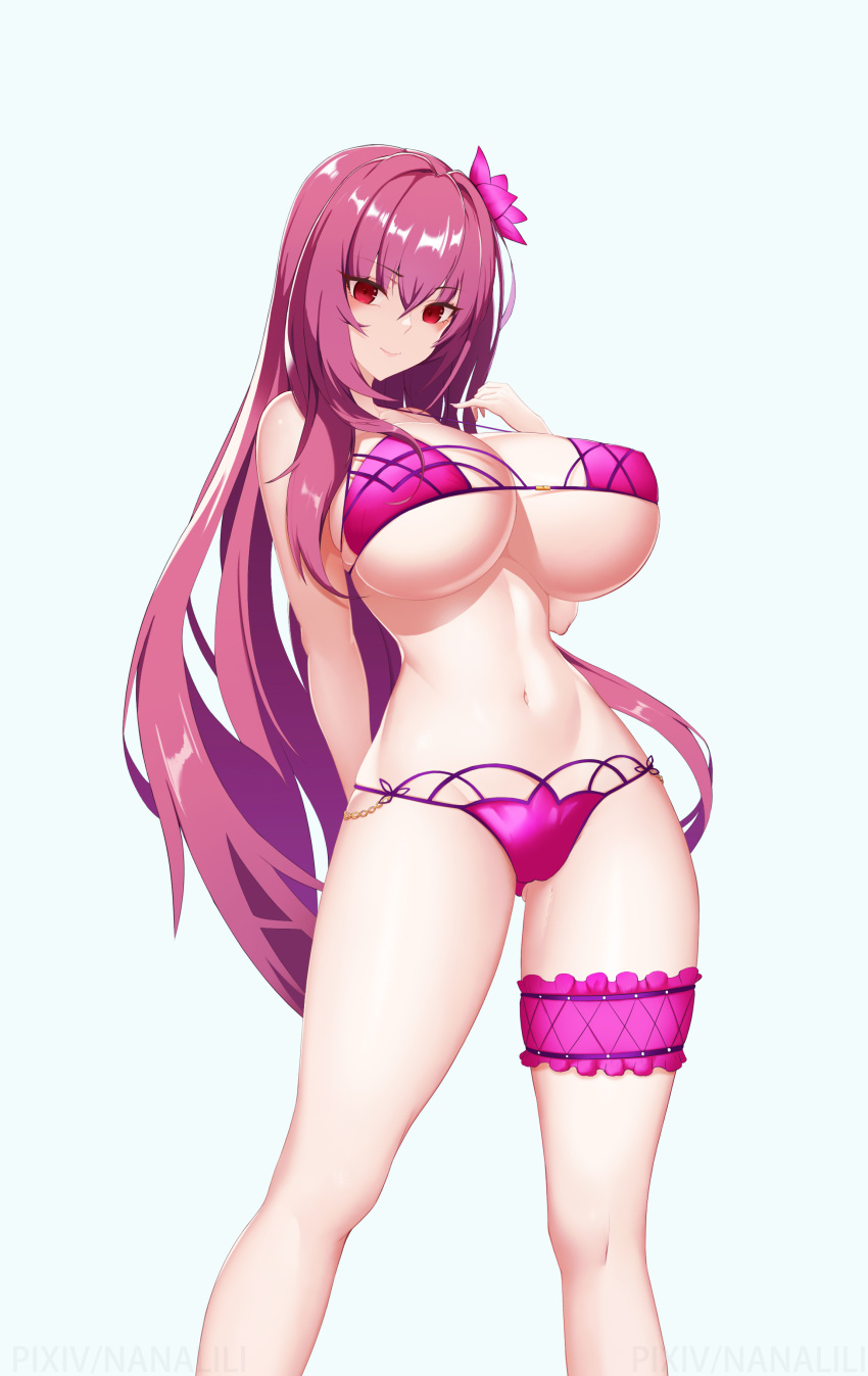 absurdres arm_behind_back bangs bare_legs bare_shoulders bikini breasts chains cleavage closed_mouth collarbone contrapposto covered_nipples crossed_bangs eyebrows_visible_through_hair fate/extella fate/extra fate/grand_order fate_(series) feet_out_of_frame female fingernails flower gluteal_fold hair_between_eyes hair_flower hair_intakes hair_ornament hand_up highres huge_breasts leaning_back linea_alba long_fingernails long_hair looking_at_viewer lowleg lowleg_bikini makeup mascara micro_bikini narrow_waist navel purple_bikini purple_hair red_eyes scathach_(fate) scathach_(fate/grand_order) scathach_(swimsuit_assassin) scathach_(swimsuit_assassin)_(fate) simple_background smile smiling_embassies solo strap_gap swimsuit thigh_strap tsurime underboob very_long_hair white_background