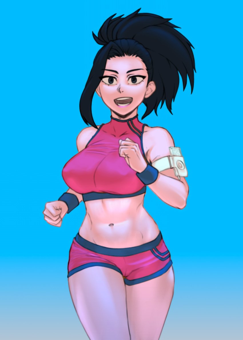 1girls abs belly black_eyes black_hair blue_background booty_shorts breasts cameltoe clothed female_only greedhomeless high_ponytail human jogging large_breasts long_hair midriff momo_yaoyorozu mp3_player my_hero_academia navel open_mouth ponytail running short_shorts shorts smile solo source_request sports_bra sportswear strap white_skin wide_hips workout_clothes yaoyorozu_momo