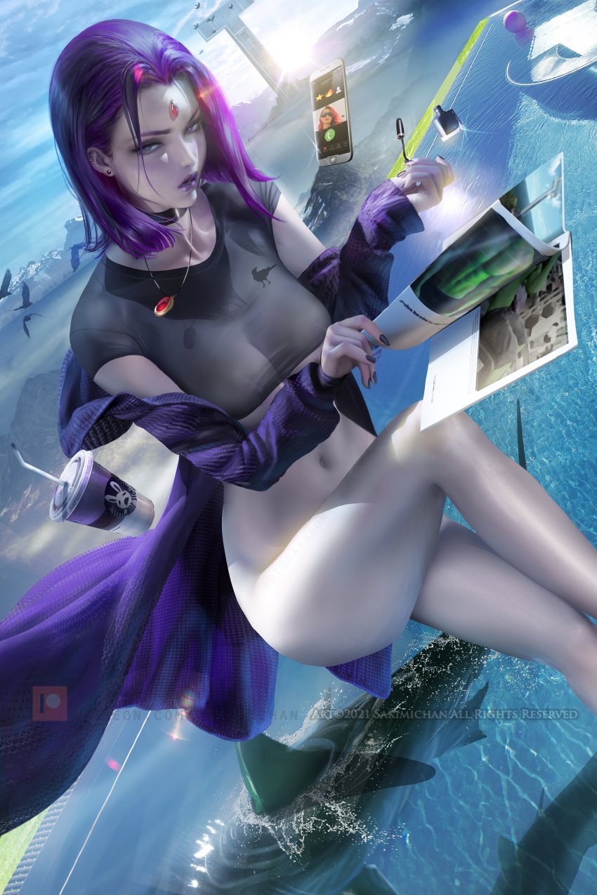 1girls beast_boy big_breasts birds black_fingernails black_nail_polish black_nails choker dc dc_comics ear_piercing earrings female half-dressed jewelry legs phone purple_eyebrows purple_hair purple_lipstick rachel_roth raven_(dc) reading red_jewelry sakimichan straight_hair teen_titans thick_thighs