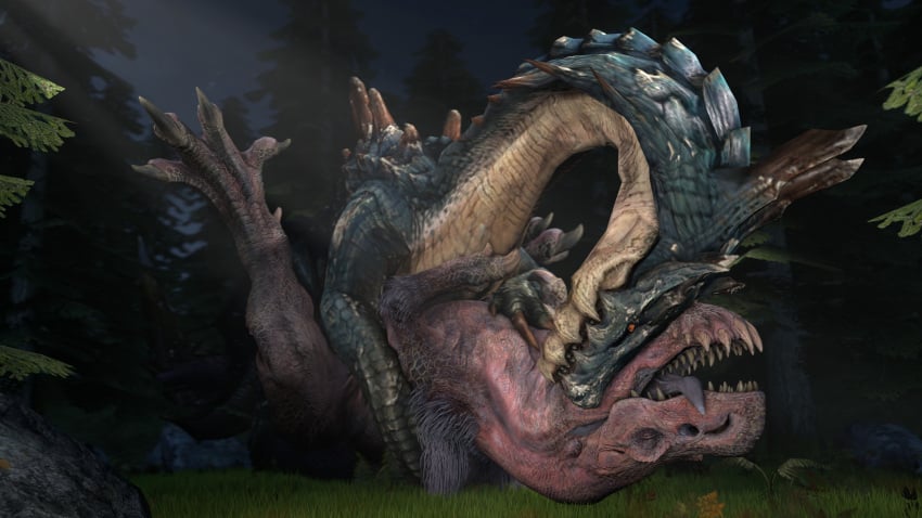 3d_(artwork) absurd_res ambiguous_gender ambiguous_penetration anjanath blue_body blue_scales brute_wyvern capcom claws closed_eyes detailed_background digital_media_(artwork) dinosaur duo feet feral from_front_position hair hi_res interspecies ivorylagiacrus lagiacrus legs_up leviathan_(mh) looking_at_another looking_at_partner looking_pleasured lying missionary_position monster_hunter multicolored_body nude on_back on_front open_mouth penetration pinned red_body red_scales reptile scales scalie sex sharp_teeth source_filmmaker teeth thick_thighs toe_claws tongue tongue_out video_games widescreen