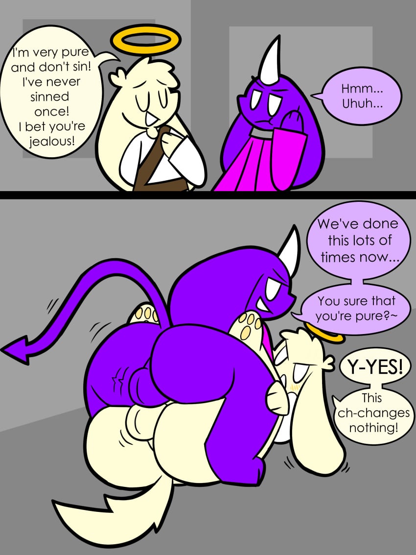 absurd_res angel anthro balls balls_touching blush clothed clothing demon dialogue duo from_front_position frottage genitals grape_ad halo hi_res horn instant_loss_2koma laetus male male/male mating_press pawpads pinned pinned_to_floor purple_body sex simple_background smug stultus_(character) text white_eyes