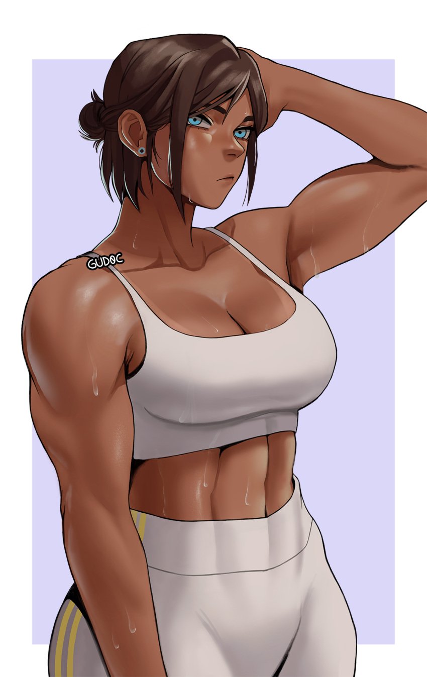 1girls artist_name avatar_legends blue_eyes clothing dark-skinned_female female good_artwork gud0c gym_clothes hand_on_head korra large_breasts looking_at_viewer muscular muscular_female short_hair smooth_skin solo sweat sweaty_breasts the_avatar the_legend_of_korra water_tribe