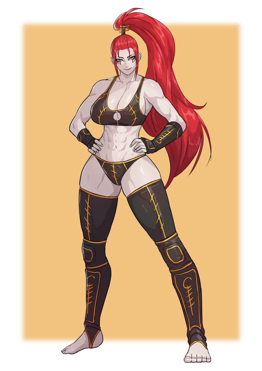 athletic_female cirenk dark_eldar drukhari highres human lelith_hesperax long_hair muscular_female panties red_hair topwear warhammer_(franchise) warhammer_40k wych wych_(warhammer_40k) wych_succubi