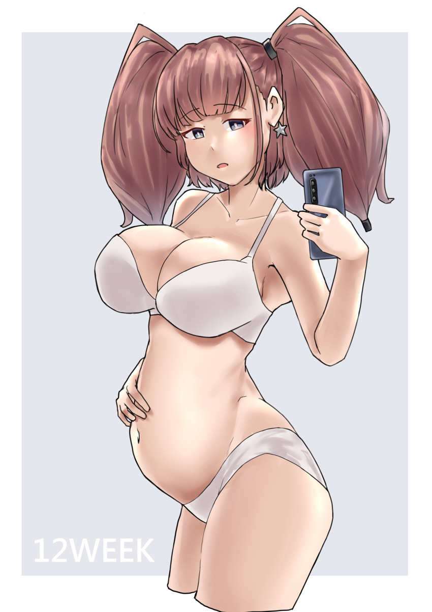 atlanta_(kantai_collection) big_breasts blush bra brown_hair cleavage early_pregnancy earrings female female_only garylin grey_eyes hand_on_belly kantai_collection looking_at_viewer panties phone pregnant selfie solo twintails white_bra white_panties