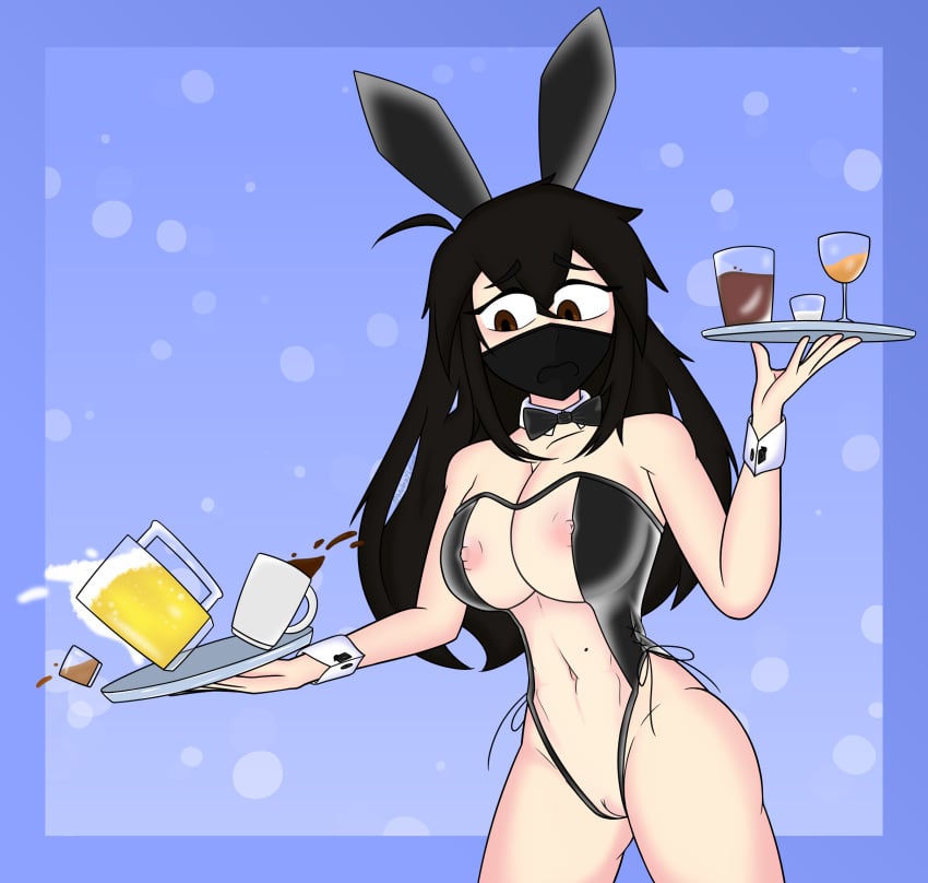 1girls abs beverage black_hair brown_eyes brown_hair bunny_costume bunny_ears bunnysuit digital_drawing_(artwork) digital_media_(artwork) hi_res high_resolution highres human human_form humanized mobzylewd muscular muscular_female navel nipples original_character plate pussy solo spilling_drink transparent_bunnysuit