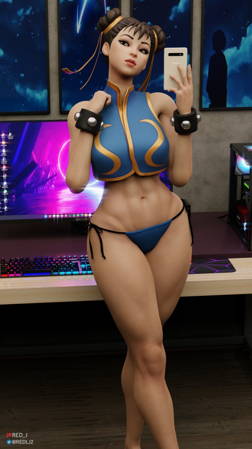 1girls 3d abs bikini_bottom blender blender_(software) bows bracelet capcom cellphone chun-li chun-li_(fortnite) computer curvy female female_only fortnite fully_clothed hairbow half_naked high_resolution red_lj selfie setup solo street_fighter wide_hips