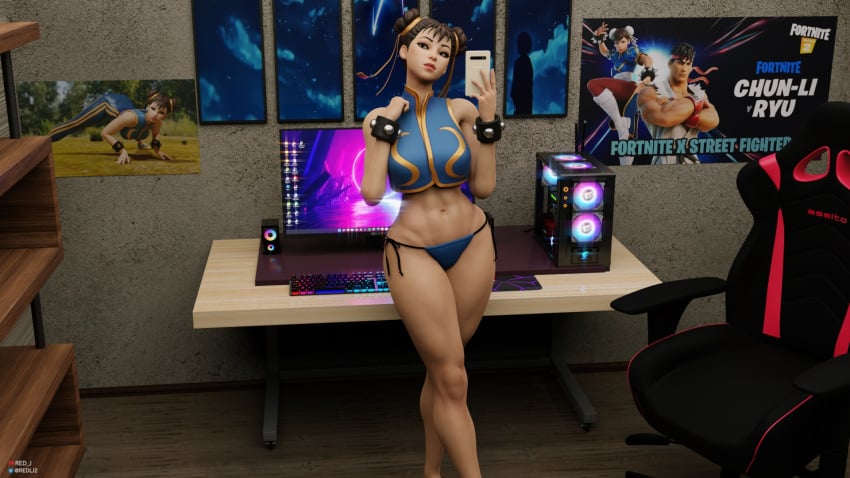 1girls 3d bikini_bottom blender blender_(software) bows bracelet capcom cellphone chun-li chun-li_(fortnite) computer female female_only fortnite fully_clothed hairbow half_naked high_resolution red_lj ryu_(street_fighter) selfie setup solo street_fighter