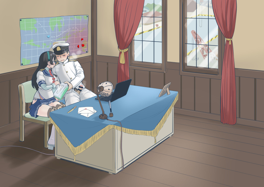 1boy admiral_(kantai_collection) after_fellatio bar_censor black_hair blue_skirt censored chair computer crane_(machine) cum desk erection facial female green_hairband hairband hat highres indoors kantai_collection laptop long_hair long_sleeves map military military_uniform mimofu_(fullhighkick) miniskirt naval_uniform ooyodo_(kantai_collection) peaked_cap penis pleated_skirt school_uniform serafuku skirt speech_bubble straight thighhighs tissue_box translated uniform window wooden_floor