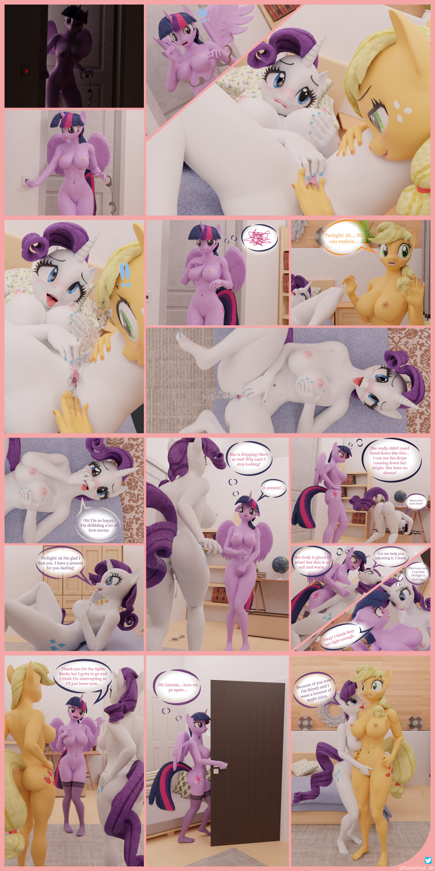 3d_(artwork) absurd_res alicorn anthro anthrofied applejack_(mlp) bodily_fluids breasts comic dialogue digital_media_(artwork) ejaculation english_text equid equine female female/female finger_fuck fingering flutterpink_3d friendship_is_magic genital_fluids genitals group hi_res horn mammal my_little_pony pussy pussy_ejaculation pussy_juice rarity_(mlp) smooth_skin text trio twilight_sparkle_(mlp) unicorn vaginal_penetration wings