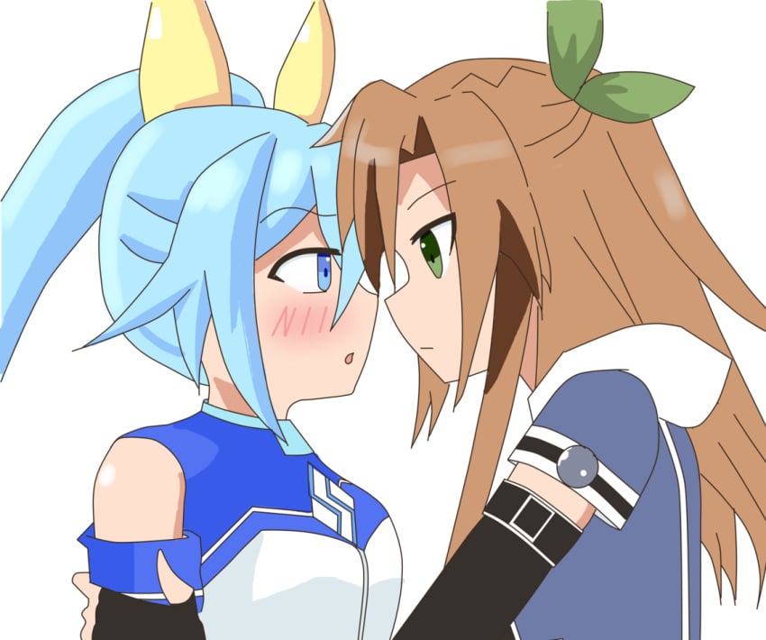 2022 alternate_costume blue_eyes blue_hair blush brown_hair compile_heart fully_clothed green_eyes hair_ornament hair_ribbon holding_arm idea_factory if_(neptunia) leafy_bow_(artist) long_hair neptunia_(series) sega segami superdimension_neptune white_background yuri