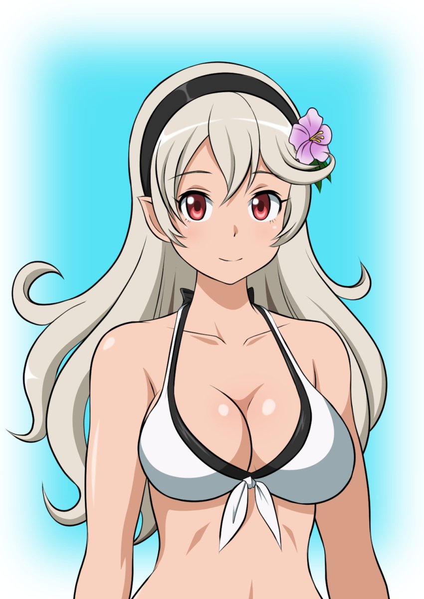 1girls 86-shiki alternate_costume bikini breasts cleavage corrin_(fire_emblem) corrin_(fire_emblem)_(female) corrin_(summer)_(fire_emblem)_(female) female female_only fire_emblem fire_emblem_fates fire_emblem_heroes flower grey_hair hair_flower looking_at_viewer medium_breasts nintendo official_alternate_costume pointy_ears red_eyes smile solo swimsuit upper_body white_bikini white_swimsuit