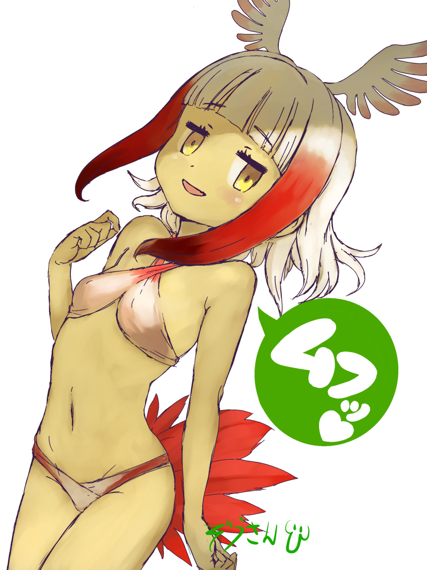 :d animal_ears belly bikini bird_girl bird_tail blush clothing cowboy_shot female female_only female_solo head_wings high_resolution japanese_crested_ibis_(kemono_friends) kemono_friends masuyama_ryou navel simple_background smile solo swimsuit tail two_tone_hair very_high_resolution white_background white_hair yellow_eyes