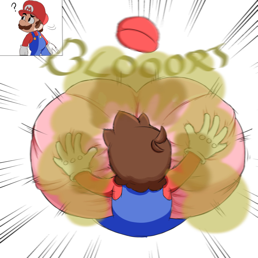 1boy 1girls 2koma ass ass_in_dress big_ass brap brown_hair clothed clothing comic dress facesitting fart fart_fetish farting_in_face female fetish full_body hat hip_attack male mario mario_(series) motion_lines peach_bomber pink_dress princess_peach protorepulsive repulsiveproto simple_background super_smash_bros. white_background