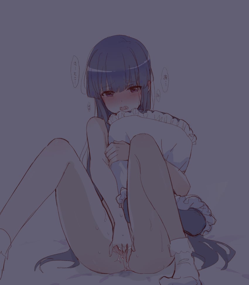 07th_expansion 1girls 2022 blue_hair blush covering eyebrows_visible_through_hair female female_masturbation fingering furude_rika highres higurashi_no_naku_koro_ni hime_cut long_hair m_legs masturbation nude nude_cover object_hug pillow pillow_hug purple_eyes pussy_juice saliva sitting socks solo solo_female spread_legs tearing_up teenage_girl teenager translation_request usamin_(artist) young