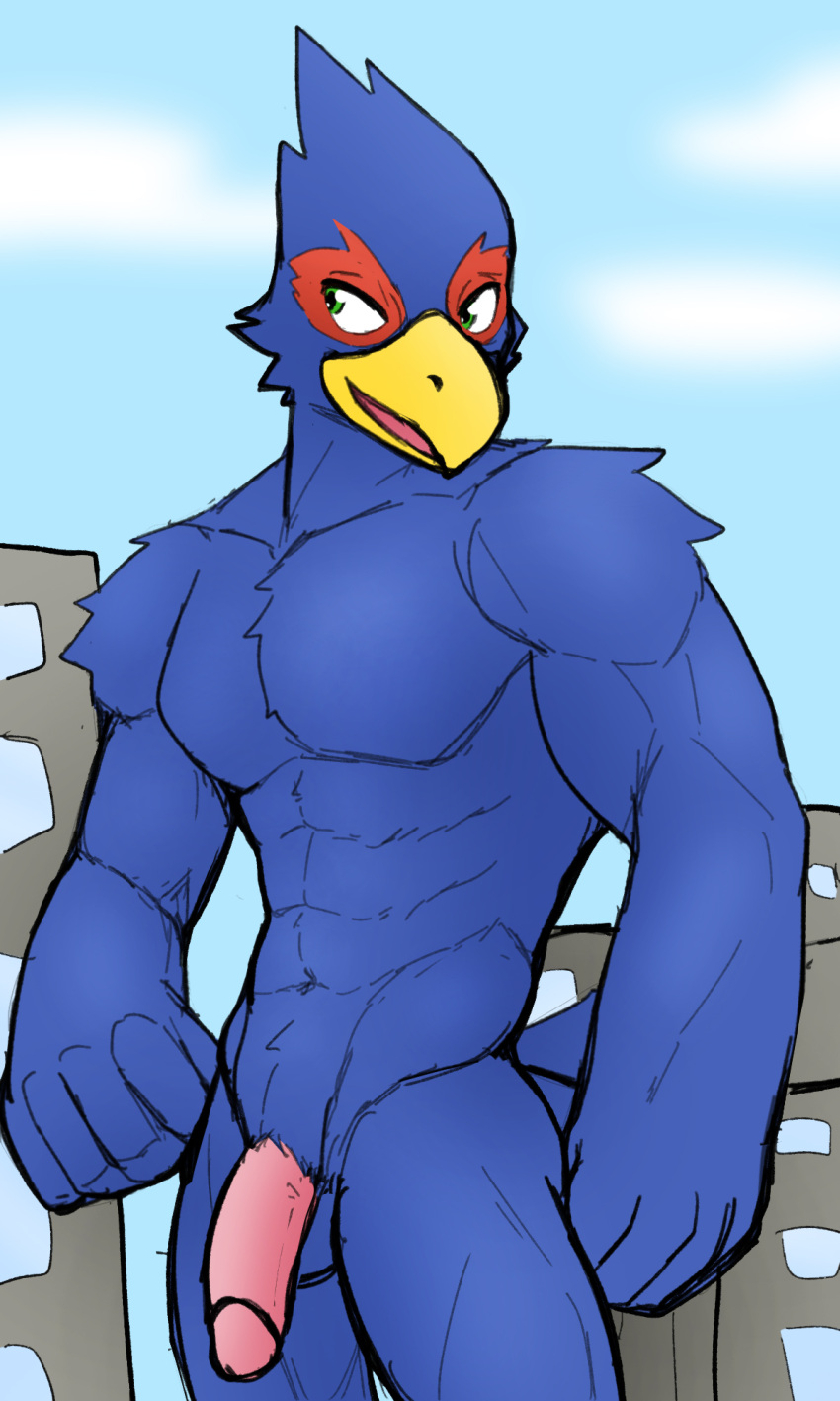 avian bird blue_body building city falco_lombardi flaccid genitals hi_res jrjresq macro male male_only muscle muscular nintendo penis siman-clifton smile star_fox video_games walking