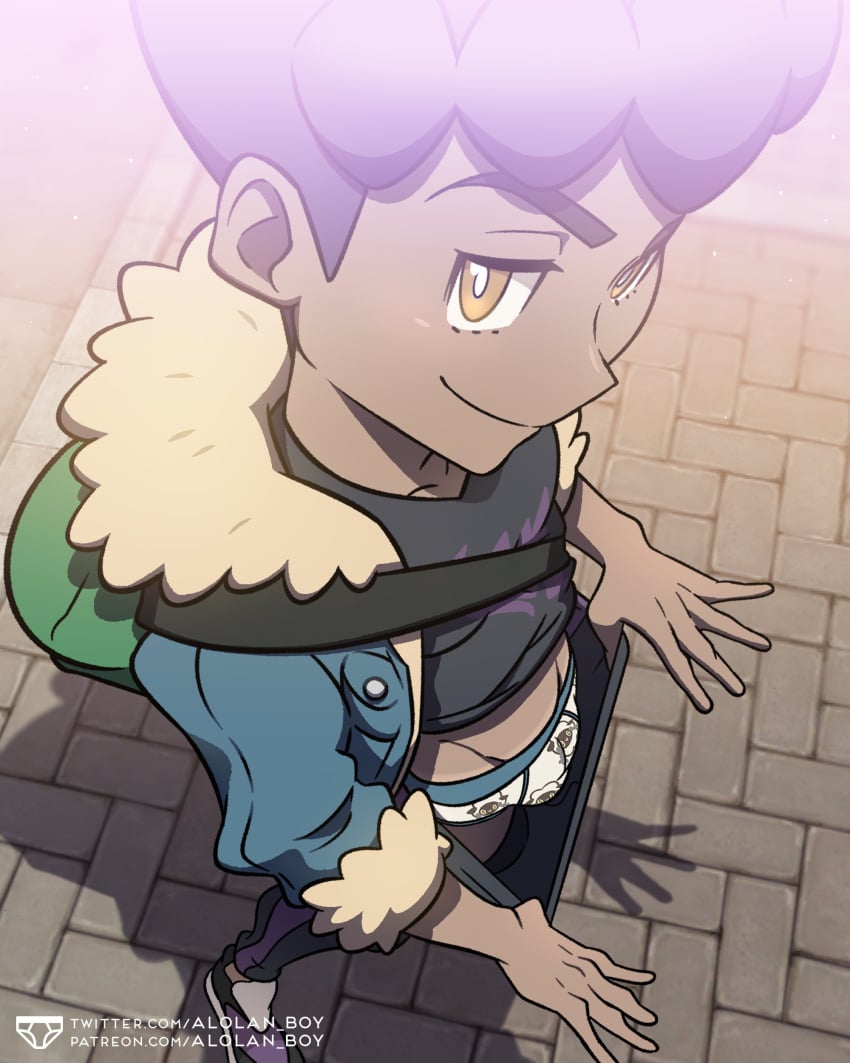 1boy alolan_boy gay hop_(pokemon) male male_only nsfw pokemon pokemon_ss purple_hair solo_male strip strip_tease tease thumb_in_waistband yaoi