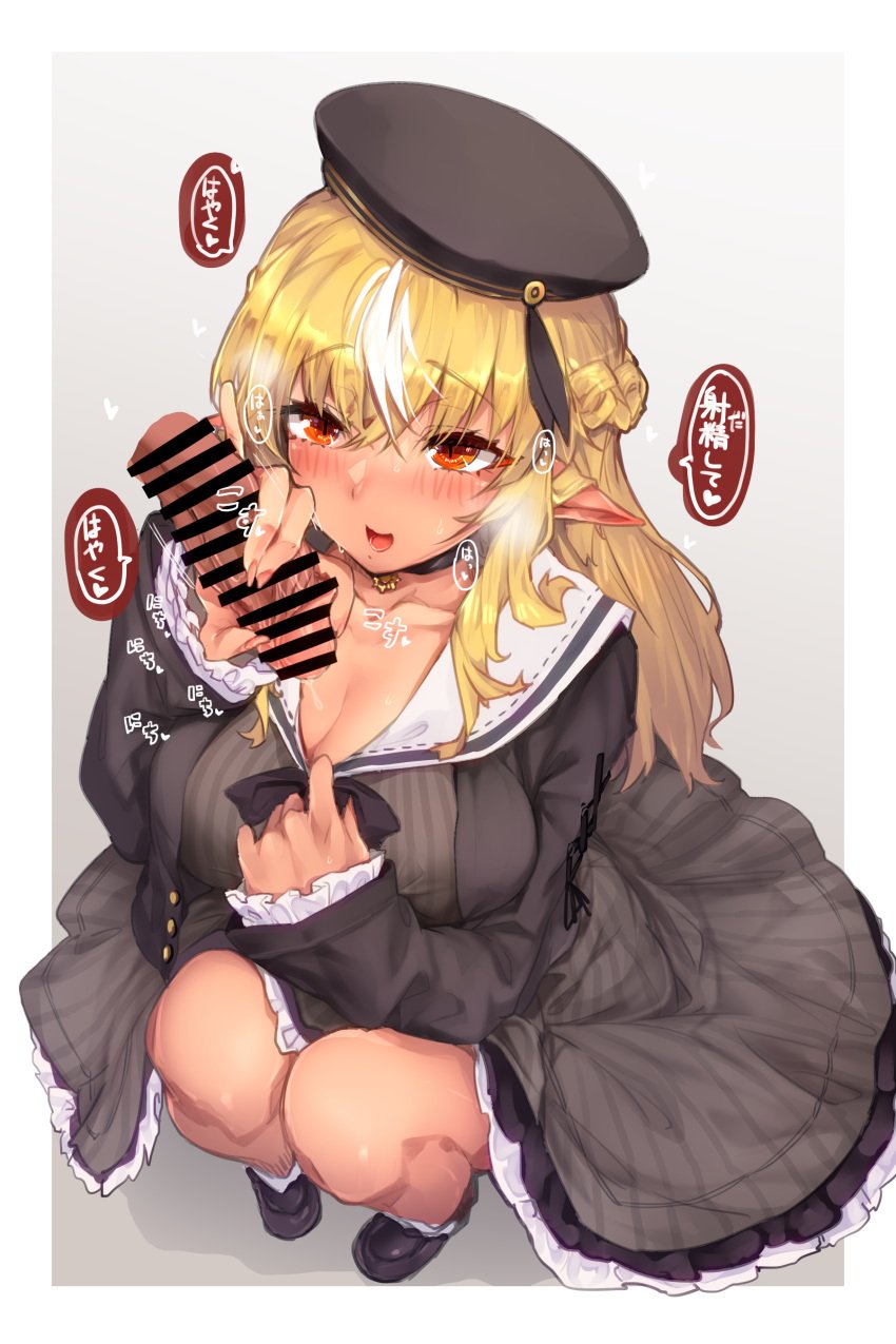 absurdres blonde_hair censored commentary cum dark-skinned_female dark_elf dark_skin dress ejaculation elf erection hair_down hand_salmon handjob highres hololive hololive_fantasy hololive_japan long_hair multicolored_hair penis pinstripe_dress pinstripe_pattern pointy_ears sailor_dress shiranui_flare solo_focus straight streaked_hair striped translated virtual_youtuber