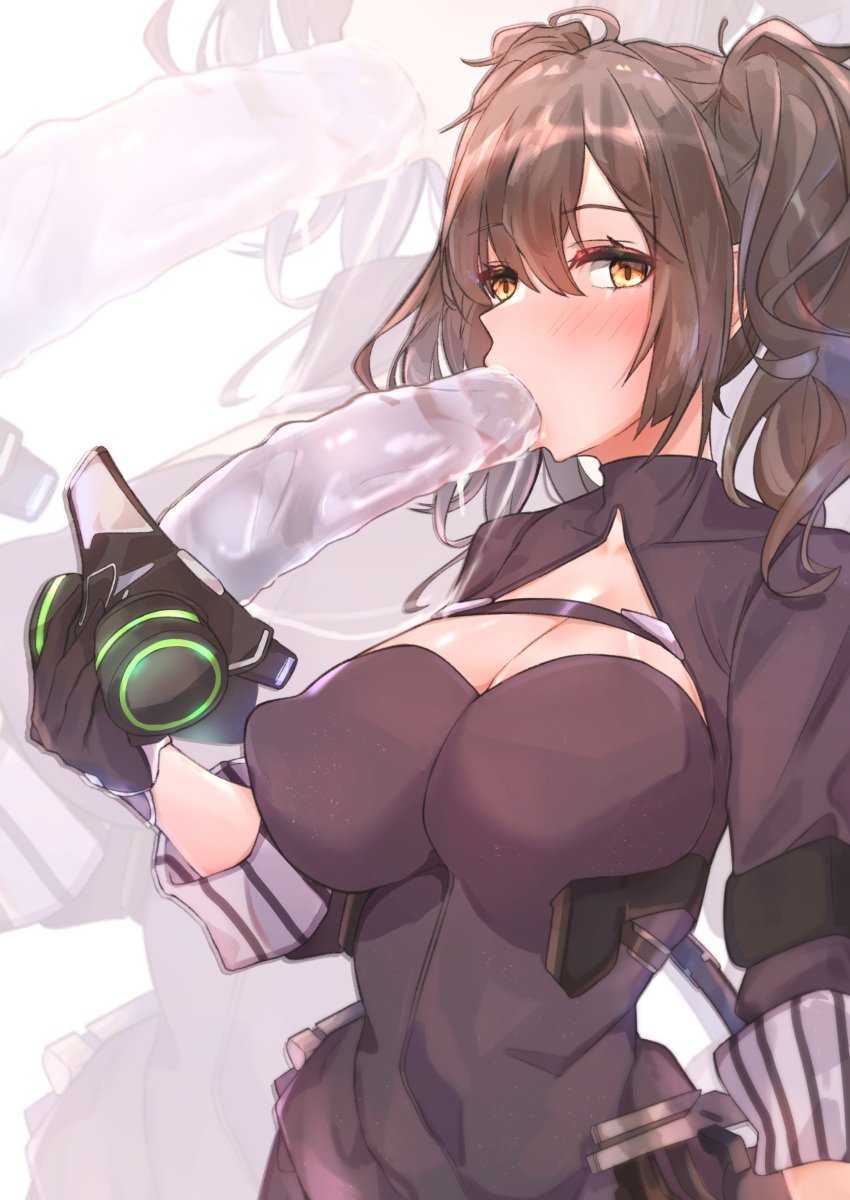 1girls absurdres bangs black_dress black_gloves blush breasts brown_hair cleavage commentary dildo dildo_under_mask dress eyebrows_visible_through_hair female female_only gas_mask girls'_frontline gloves highres holding holding_mask large_breasts long_hair looking_at_viewer mask mouth_hold muteppona_hito orange_eyes sangvis_ferri scarecrow_(girls'_frontline) scarecrow_(girls_frontline) sex_toy solo standing twintails upper_body yellow_eyes