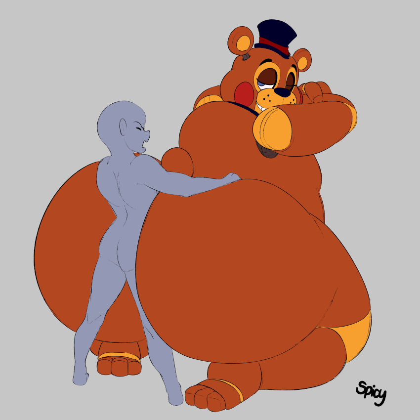 2boys absurdres animatronic anon anthro ass big_ass blue_eyes brown_body brown_fur duo faceless_character faceless_male five_nights_at_freddy's five_nights_at_freddy's_2 fur furry gay girly grey_background hat headgear headwear highres machine male mammal multicolored_body multicolored_fur overweight overweight_male paws robot rosy_cheeks sausagesspicy scottgames simple_background smile top_hat toy_freddy_(fnaf) ursid yaoi